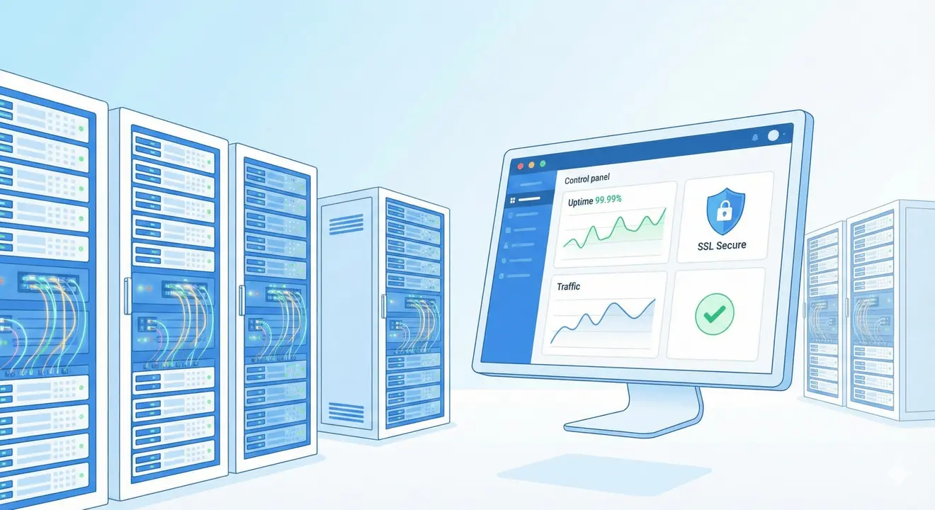 Ilustrație cu servere de găzduire web și panou de control